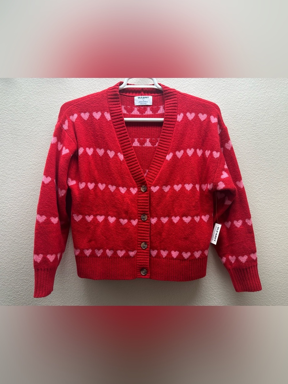 Old Navy Red Cardigan with Pink Heart Pattern